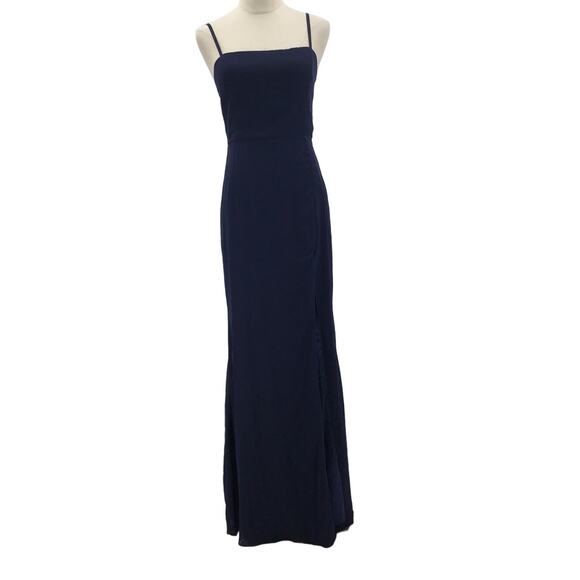 LULU'S SZ S Feeling Elegant Navy Blue Lace-Up Slit Bridesmaid Maxi Dress NEW B34 - Picture 3 of 10